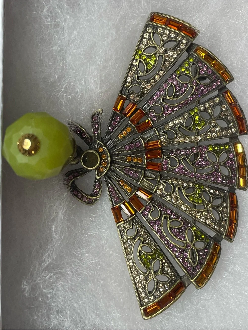 Heidi Daus Vintage Fan Brooch Crystals Pin Green Purple Rust Pave Broach FLAWs